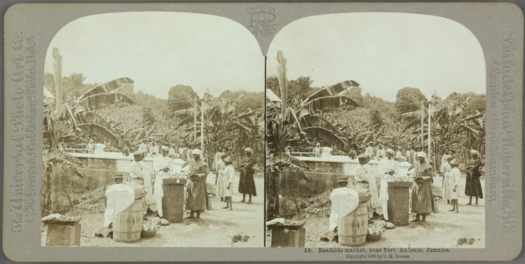 Archival stereograph showing people at a roadside market near Port Antonio, Jamaica