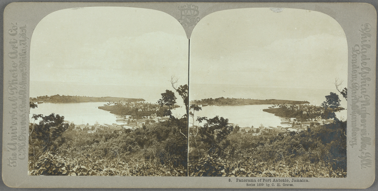 Archival stereograph of Port Antonio, showing the harbor and town from a hillside